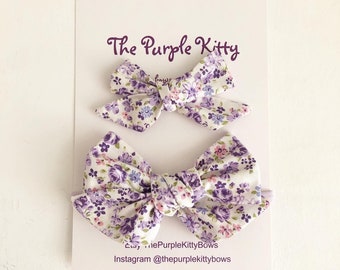 Purple Floral baby bow, dainty flowers, baby nylon headband, floral clip