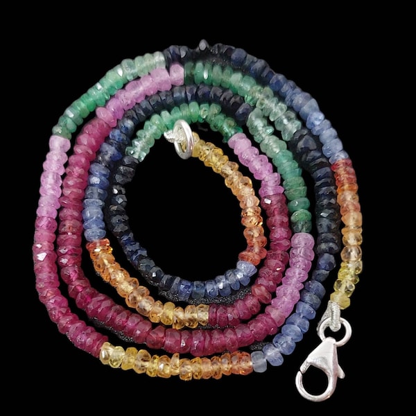 AAA Multi Precious Faceted Rondelle Necklace With Silver Fish Hook/Multi Color Faceted Beads/Multi Sapphire Necklace/3-3.5Mm/17"Strand
