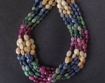 Perles de forme ovale lisses multi-précieuses non traitées/perles de forme ovale émeraude, rubis, saphir bleu et jaune/mélange de perles de couleurs/8 x 10-10 x 13 mm/17 po.