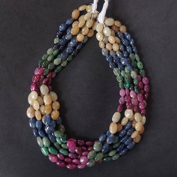 Perles de forme ovale lisses multi-précieuses non traitées/perles de forme ovale émeraude, rubis, saphir bleu et jaune/mélange de perles de couleurs/8 x 10-10 x 13 mm/17 po.