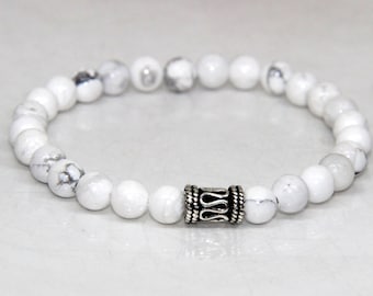 White Howlite Beaded Bracelet/White Howlite Gemstone Bracelet/Beaded Silver Bracelet/Handmade Elastic Bracelet, 6.5 mm Beaded Bracelet/00B80