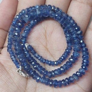 AAA Blue Kyanite Faceted Rondelle Necklace: Sterling Silver Hook, 17&quot; Strand