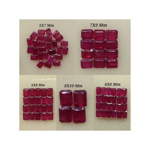 May include: Assortment of red ruby gemstones in various sizes, ranging from 4x6 mm to 8x10 mm. Each size is labeled with its dimensions in millimeters.
