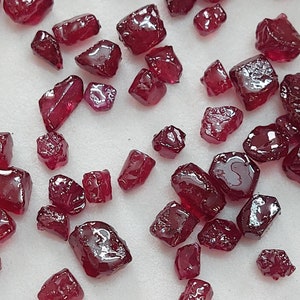 Può includere: Una collezione di pietre preziose di rubino rosso sciolte di varie dimensioni e forme. I rubini sono sparsi su una superficie bianca.