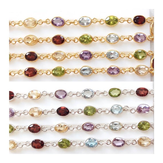 Multiple Colored Gemstone Chain Bracelet Gold-plated Sterling Silver Multiple Colored Gemstone Chain Bracelet Gold-plated Sterling Silver
