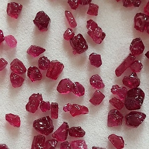 May include: A collection of small, red ruby gemstones of various shapes and sizes. The rubies are scattered on a white surface.