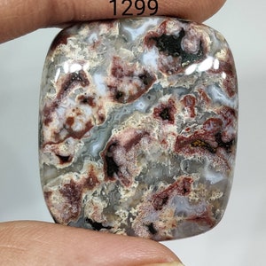 May include: A close-up of a polished, multi-colored agate cabochon with a brown, white, and gray pattern. The cabochon is a rectangular shape with rounded edges. The cabochon is labeled with the number 1299.
