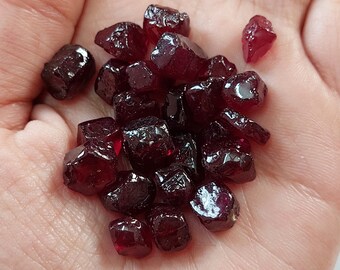 May include: A pile of small, dark red gemstones, likely rubies, in a hand. The gemstones are faceted and have a shiny, polished finish.