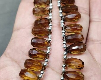 Natural Honey Quartz Faceted Briolette Beads: Handmade Tear Drops, 9" Strand