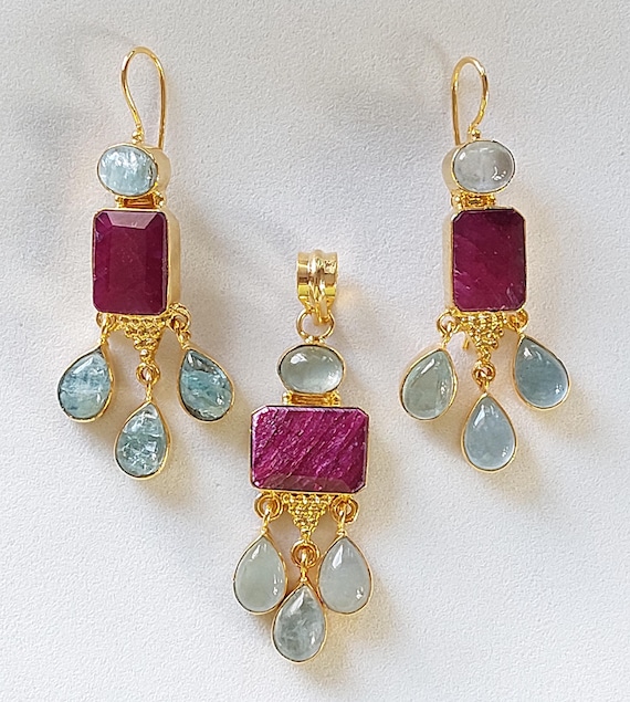 Handmade Gold Plated Aquamarine Dyed Ruby Pendant Earring Set