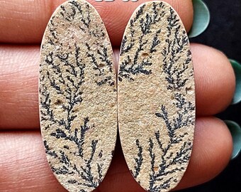 German Dendrite Cabochon Pair: Oval Psilomelane Gemstone for Jewelry