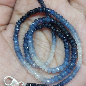 Natural Untreated Blue Sapphire Shaded Faceted Necklace With Silver Hook/Blue Sapphire Beads/Blue Sapphire Shaded Rondelle/16"Strand/3-4 Mm