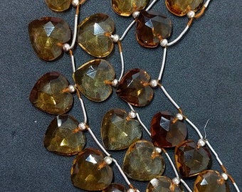 Faceted Honey Quartz Heart Briolette Beads: 8" Strand (14-16mm)
