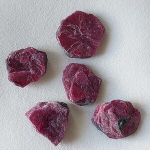 May include: Five raw ruby gemstones in shades of deep red, each with a unique shape and texture. The gemstones are displayed against a white backdrop, showcasing their natural, unpolished appearance. The rubies are of varying sizes.