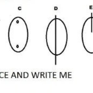 May include: A visual puzzle with six different variations of an oval shape. Each oval has a different combination of lines and dots inside. The letters A through F label each oval.