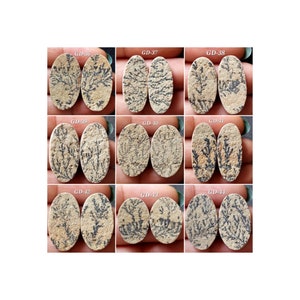 Pu&ograve; includere: Set di 10 cabochon ovali in agata, di colore beige e nero con motivi dendritici. I cabochon sono disposti in tre file di due, con il testo "GD-36", "GD-37", "GD-38", "GD-39", "GD-40", "GD-41", "GD-42", "GD-43" e "GD-44" stampato sotto ogni coppia.