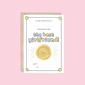 Best Girlfriend Award Greeting Card | Certificate Style (Personalised Card, Valentines Card, Anniversary Card, Thank You Card)