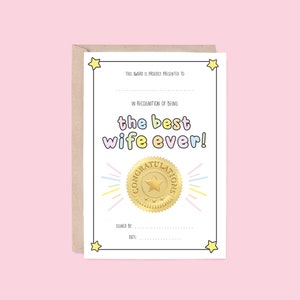 Best Wife Award Greeting Card | Certificate Style (Personalised Card, Valentines Card, Anniversary Card, Birthday Card, Thank You Card)