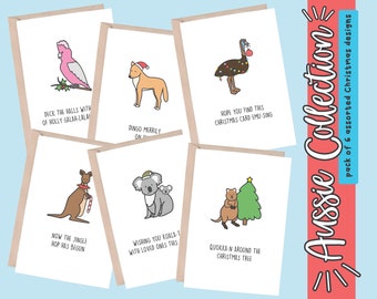 VALUE PACK | 'Aussie Collection' Christmas Greeting Cards | Galah, Dingo, Emu, Kangaroo, Koala, Quokka (Funny, Pun, Recycled, Australian)