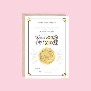 Best Friend Award Greeting Card | Certificate Style (Personalised Card, Friendship Card, Birthday Card, Thank You Card, Encouragement Card)