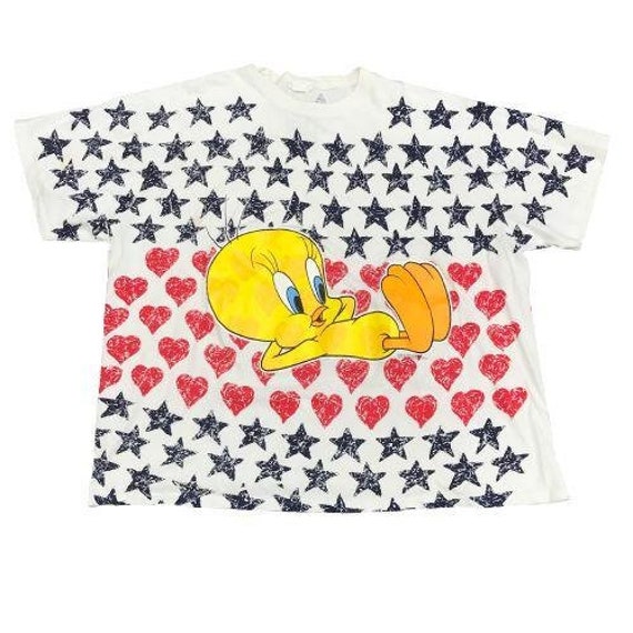 1995 Looney Tunes Tweety All Over Print White T-S… - image 1