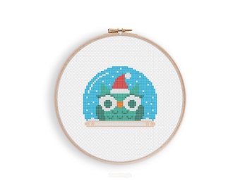 Cute Kawaii Christmas Owl Snow Globe Digital Cross Stitch Pattern