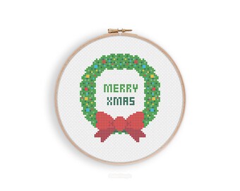 Merry Christmas Wreath Digital Cross Stitch Pattern