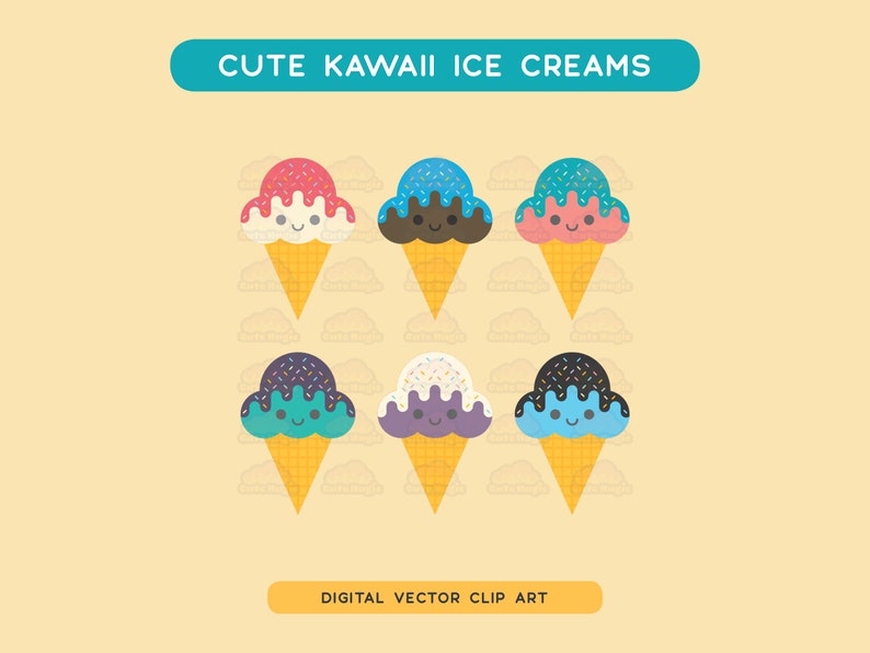 Cute Kawaii Ice Creams Vector Clip Art Etsy