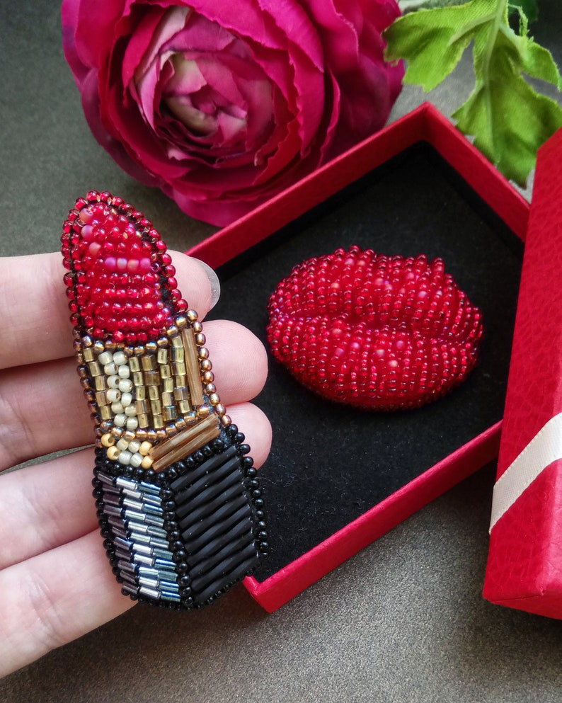 Brooch Lips Brooch Lipstick Handmade Brooch Red Brooch Set Etsy