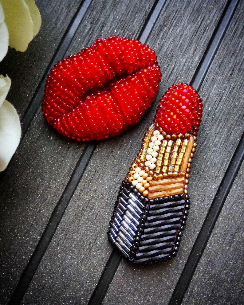 Brooch Lips Brooch Lipstick Handmade Brooch Red Brooch Set Etsy