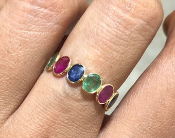 14k Gold Gemstone Eternity Ring, Ruby, Emerald, Sapphire, Stacking Anniversary Promise Gift For Her