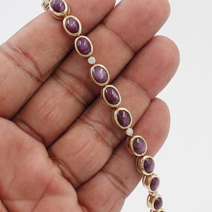 Natural Oval Star Ruby Diamond Solid 14K Yellow Gold Bracelet Bezel Setting Minimalist Link September Birthstone Bracelet Gift For Her