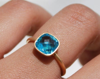Matte London Blue Topaz Gold Ring, Solid 18K Gold Ring, November Birthstone Ring, Solitaire Ring, Statement Minimalist Ring, Christmas Gift