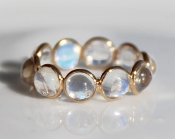Solid 18K Gold Ring- Natural Rainbow Moonstone Ring- Full Eternity Band- Minimalist Ring- Stackable Dainty Ring- Wedding Band-Christmas Gift