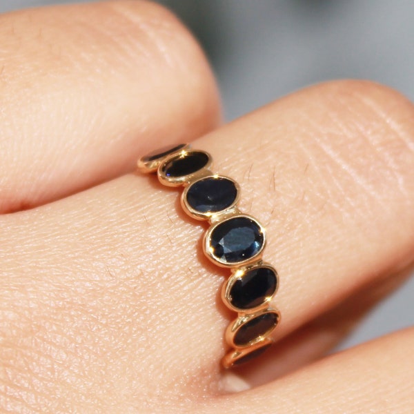 Natural Blue Sapphire Ring Band, Solid 18K Yellow Gold Ring, Half Eternity Ring, September Birthstone Ring, Stackable Ring, Minimalist Ring