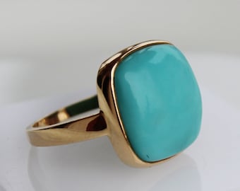 18K Yellow Gold Ring, Natural Turquoise Square Solitaire, Minimalist Jewelry