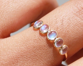 Solid 18K Gold, Natural Rainbow Moonstone Ring, Half Eternity Band, Moonstone Band, Minimalist Ring, Stackable Ring, Christmas Gift