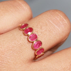 Natural Ruby Band, Solid 18K Gold, Half Eternity Band Ring, July Birthstone Ring, Stack Ring, Wedding Band, Minimalist Ring, Christmas Gift