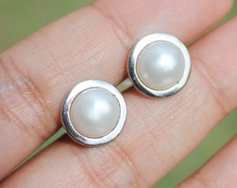 Natural White Pearl Cufflinks, Solid 925 Silver Cufflinks, Round Pearl Cufflinks, June Birthstone, Men's Gift, Christmas Gift