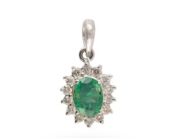 Emerald Diamond 14K White Gold Pendant Necklace, May Birthstone