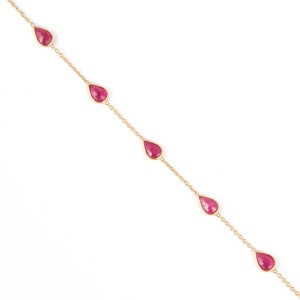Pulsera de rubí de oro de 18k, piedra natal de julio con talla pera, cadena delicada.