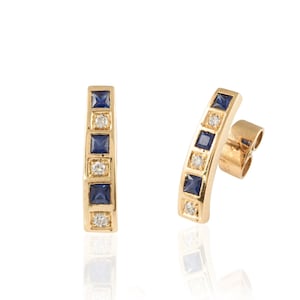 Natural Sapphire Diamond Studs, Solid 14K Gold Earring, Sapphire Gold Earring, Real Diamond Earring, September Birthstone, Minimalist Studs