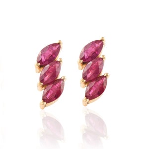 Natural Leaf Ruby Stud, Solid 14K Gold Earring, Red Ruby Gold Earring, July Birthstone Earring, Dainty Statement Earring, Tiny Gold Earring