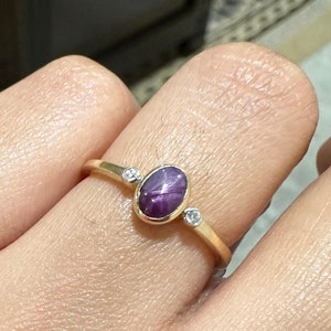 Solid 14K Yellow Gold Ring, Natural Star Ruby Ring, Real Diamond Ring, July Birthstone Ring, Statement Ring, Minimalist Dainty Ring