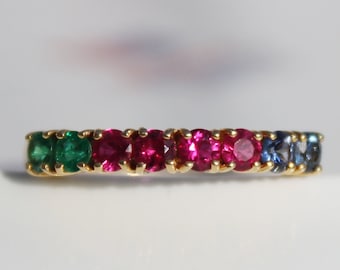 Solid 18K Gold, Natural Emerald, Ruby, Sapphire Band Ring, Half Eternity Band, Minimalist Band, Stackable Ring, Rainbow band, Christmas Gift