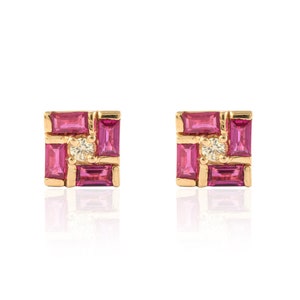 Natural Ruby Gold Diamond Studs, Solid 14K Gold Earrings, Classics Diamond Gold Earring, Ruby Solitaire Earrings, July Birthstone Earring