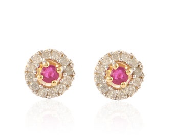 Round Gold Stud, Solid 14K Gold Earring, Natural Ruby Diamond Earring, July Birthstone Stud, Minimalist Earring, Ruby Halo Gold Stud Earring