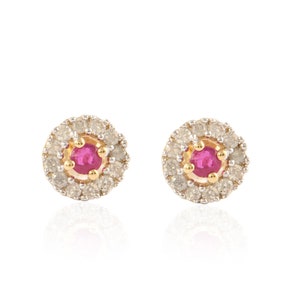 Round Gold Stud, Solid 14K Gold Earring, Natural Ruby Diamond Earring, July Birthstone Stud, Minimalist Earring, Ruby Halo Gold Stud Earring