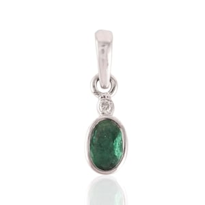 Natural Emerald Gold Necklace, Solid 14K White Gold Pendant, Emerald Diamond Gold Pendant, May Birthstone Pendant, Dainty Solitaire Necklace