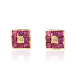 Natural Ruby Diamond Studs, Solid 14K Gold Earrings, Crystal Ruby Earring, July Birthstone, Minimalist Drop Studs, Dainty Statement Earrings